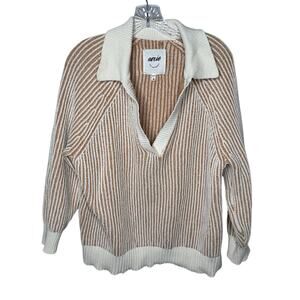Aerie XS‎ Collared Ribbed Knit Sweater Tan White Striped Deep V Pullover